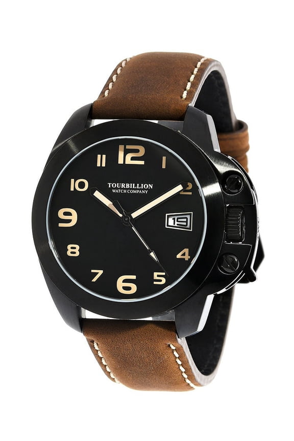 MODERN COLLECTION WATCH IP BLACK CASE BLACK DIAL WITH TAN ARABIC NUMBERS WITH CROWN SAFTY LOCK AND BROWN GENUINE LEATHER STRAP