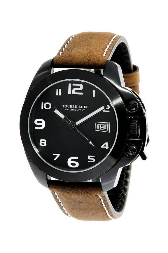 MODERN COLLECTION WATCH IP BLACK CASE BLACK DIAL WITH WHITE ARABIC NUMBERS WITH CROWN SAFTY LOCK AND BROWN GENUINE LEATHER STRAP
