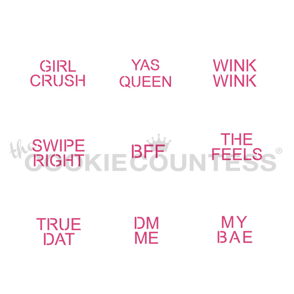 MODERN CONVERSATION HEARTS 1" MINI SAYINGS STENCIL BY COOKIE COUNTESS