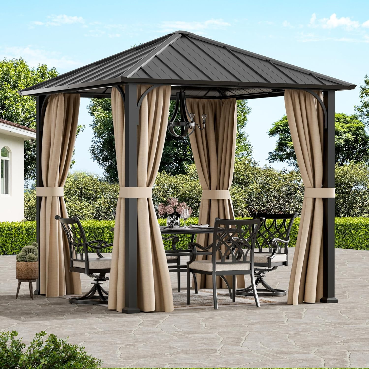 MODERN SHADE 8'x8' Hardtop Gazebo with Steel Roof & Curtains,All-Weather Metal Pavilion for ...