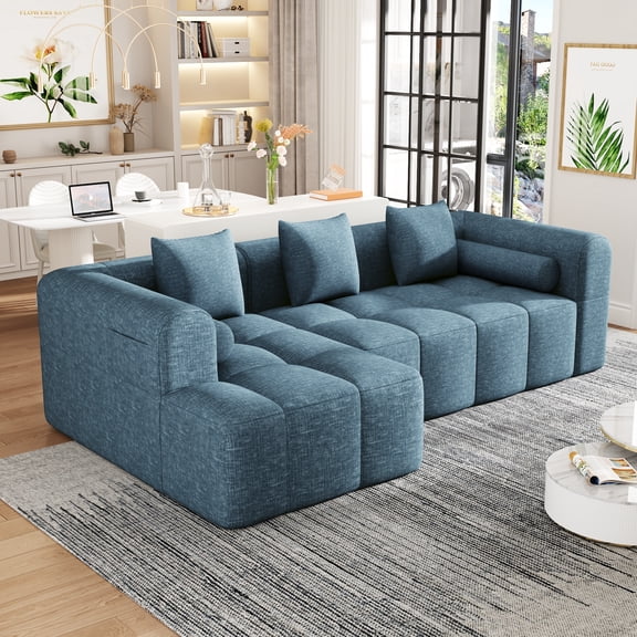 MODERNLUXE 101" Sectional Sleeper Sofa,L-Shaped Modular Sectional Sofa with Deep Seat and 2 Side Pockets, 3 Seater Free Combined Sofa Couch Convertible Sleeper Sofabed for Living Room Apartment,Blue