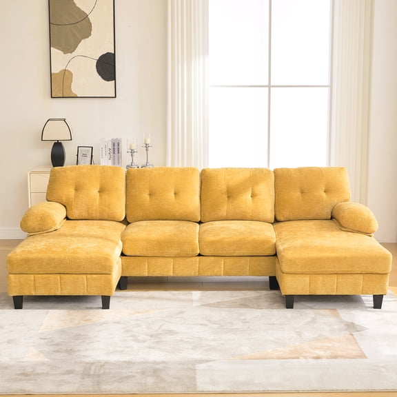 MODERNLUXE 103.5" Sectional Sofa,U-Shaped Chenille Fabric Couch with Dual Chaise Lounges,Deep Seat,Pillows and Side Pocket, 4 Seater Modular Couch for Living Room Apartment,Yellow