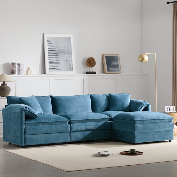 MODERNLUXE 103" Oversized Chenille Modular Sectional Sofa with Movable Ottoman,L-Shaped Cloud Couch with Double Cushions & Deep Seat ,4 Seat Sofa for Living Room & Apartment, Blue