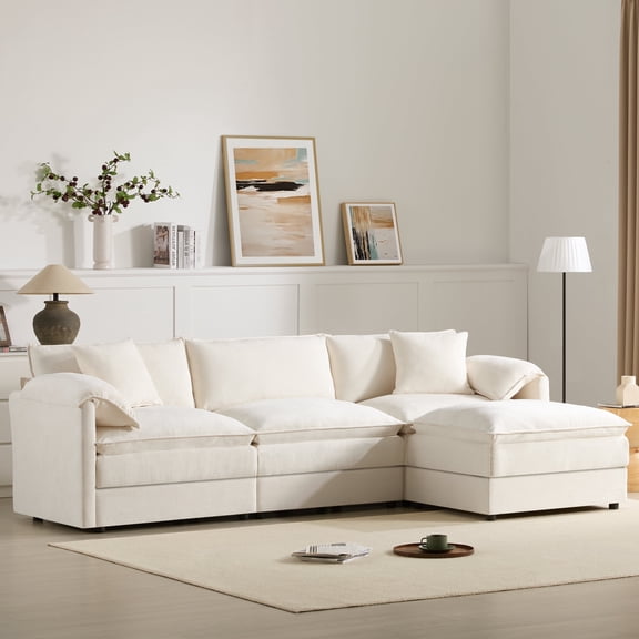 MODERNLUXE 103" Oversized Chenille Modular Sectional Sofa with Movable Ottoman,L-Shaped Cloud Couch with Double Cushions & Deep Seat ,4 Seat Sofa for Living Room & Apartment, White