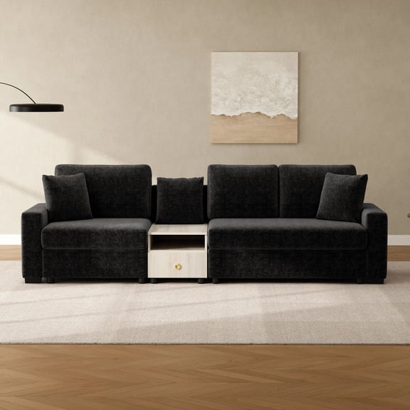 MODERNLUXE 111.8" Modular Sectional Sofa with Center Console, Comfy 3-Seater Chenille Fabric Sofa Couch with Storage Armrest & Deep Seat, Upholstered Couch for Living Room,Black