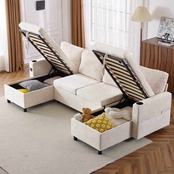 MODERNLUXE 111.8" Sectional Sleeper Sofa with Pull Out Bed, U Shaped Sectional Couch with Storage Ottoman Convertible 6-Seater Sofa,Beige