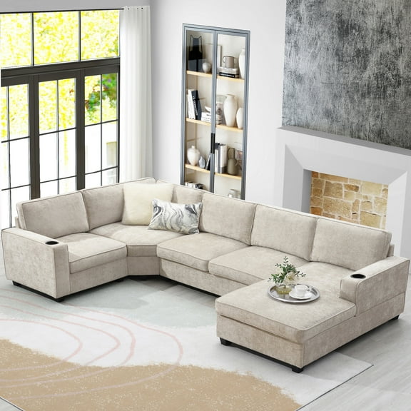 MODERNLUXE 119"6-Seat Oversized U Shaped Sectional Sofa, Chenille Thickened Sectional Couch Sofa Set with Solid Wood Legs and 2 Cup Holders for Living Room,Beige
