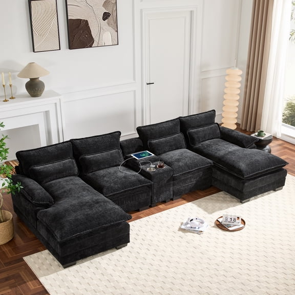 MODERNLUXE 123" Oversized Modular Sectional Sofa,U-Shaped 6 Seat Comfy Cloud Couch with Console,Cup Holders,Charging Station & Throw Pillows, Modern Chenille Sofa Couch with Chaise for Living Room
