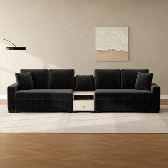 MODERNLUXE 127.9" Modular Sectional Sofa with Center Console, Comfy 4-Seater Chenille Fabric Sofa Couch with Storage Armrest & Deep Seat, Upholstered Couch for Living Room,Black
