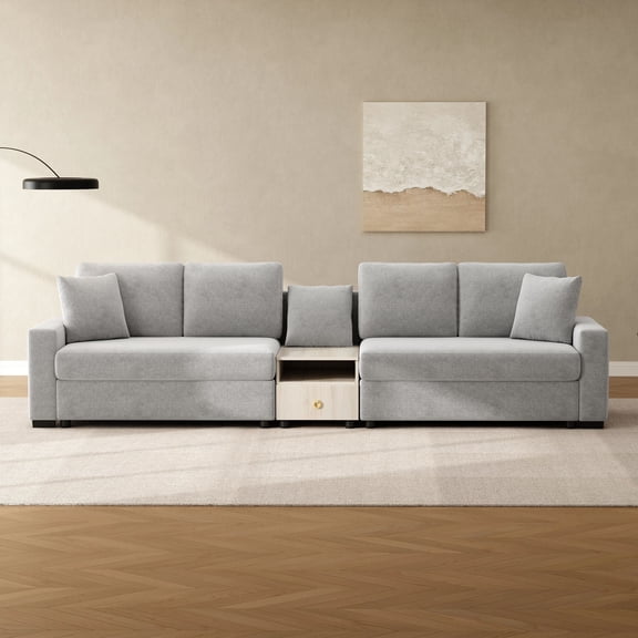 MODERNLUXE 127.9" Modular Sectional Sofa with Center Console, Comfy 4-Seater Chenille Fabric Sofa Couch with Storage Armrest & Deep Seat, Upholstered Couch for Living Room,Grey