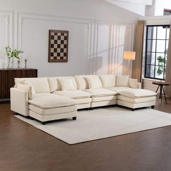 MODERNLUXE 149.6" Oversized Modular Sectional Sofa,Comfy U-Shaped Sofa Couch with Deep Seat,Movable Ottomans & Pillows,Chenille Upholstered Sleeper Sofa Couch for Living Room,White