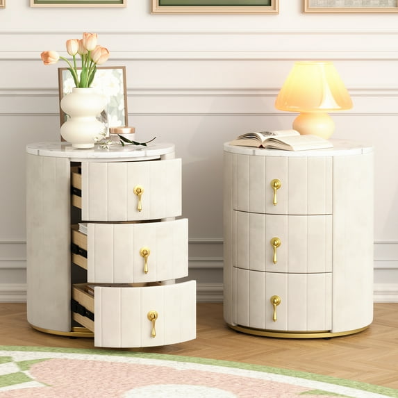 MODERNLUXE 2 Set Upholstered Nightstand with 3 Drawers, Round Bedside Table with Metal Handles,Marbling Stickers Top End Table for Bedroom,Beige