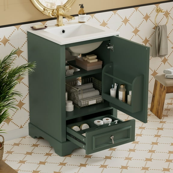 MODERNLUXE 20" Bathroom Vanity with Ceramic Sink Combo,Solid Wood Bathroom Storage Cabinet with Compartment Drawer and Adjustable U-Shaped Shelf, Soft-Close Door with Organizer for Small Space,Green