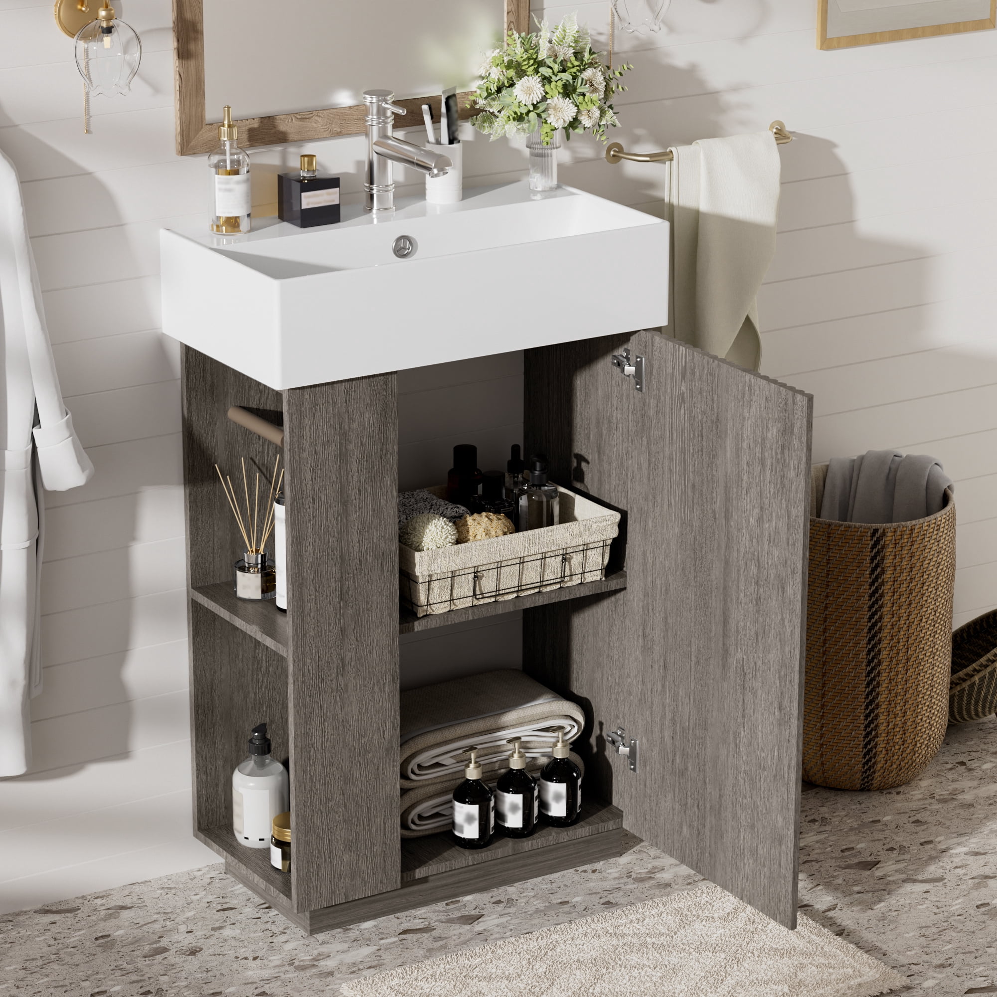 MODERNLUXE 21.6 Inch Bathroom Vanity with Ceramic Sink, Undermount Vanity Sink Cabinet with Soft Closing Door,Free Standing Bathroom Storage Cabinet with Right Door Open for Small Space,Dark Grey