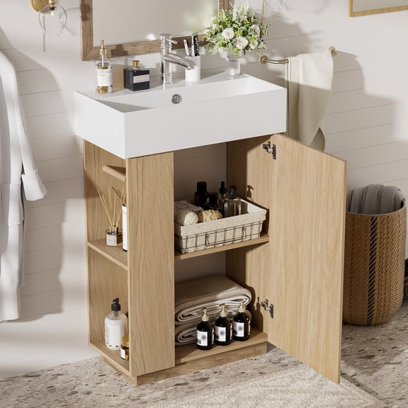 MODERNLUXE 21.6 Inch Bathroom Vanity with Ceramic Sink, Undermount Vanity Sink Cabinet with Soft Closing Door,Free Standing Bathroom Storage Cabinet with Right Door Open for Small Space,Natural