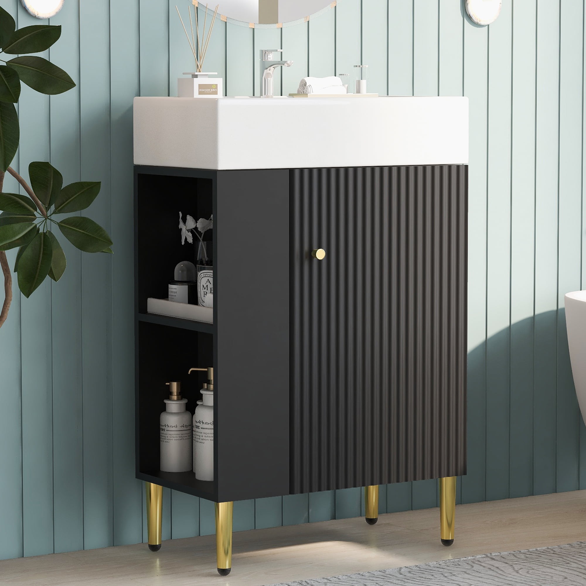 MODERNLUXE 21.6" Small Bathroom Vanity with Ceramic Sink,Modern Freestanding Bathroom Storage Cabinet with 1 Door & Left Side Storage for Small Space,Easy Assembly,Black