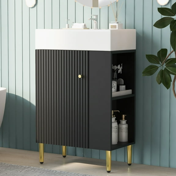 MODERNLUXE 21.6" Small Bathroom Vanity with Ceramic Sink,Modern Freestanding Bathroom Storage Cabinet with 1 Door & Right Side Storage for Small Space,Easy Assembly,Black