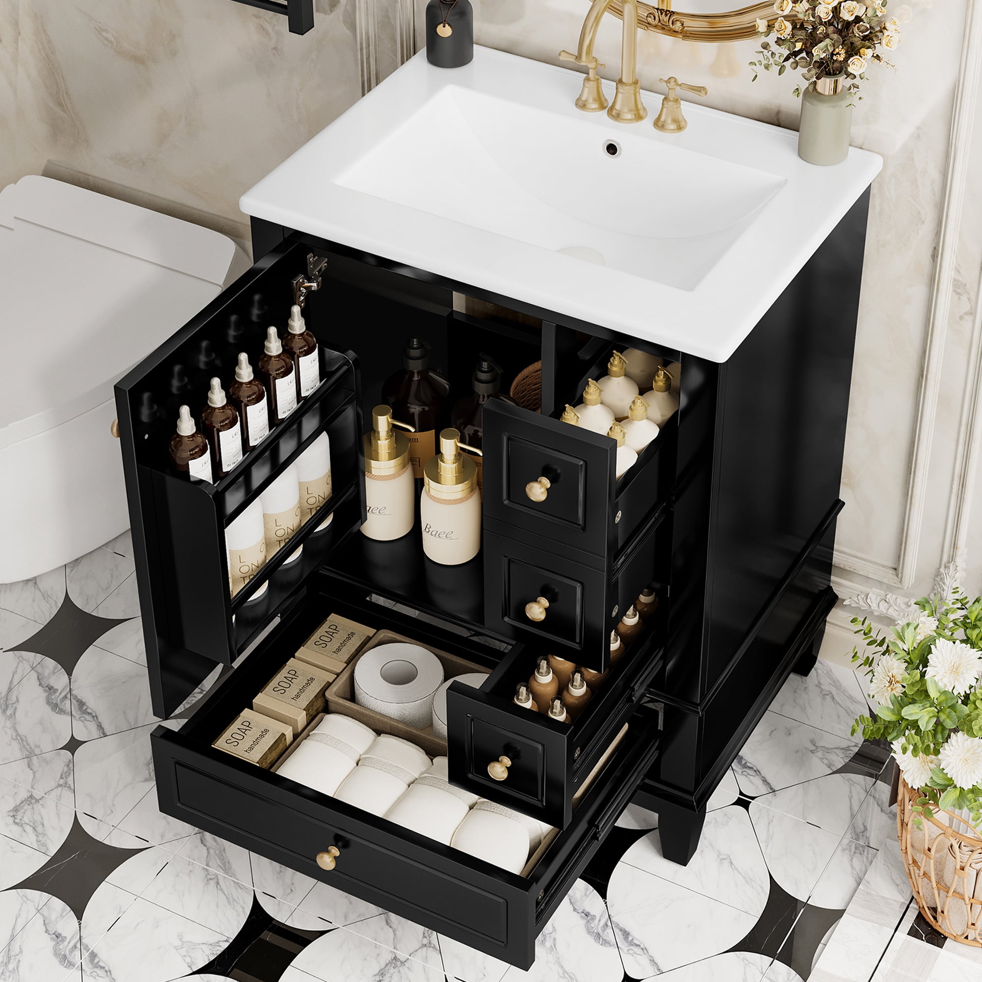 MODERNLUXE 24" Bathroom Vanity with Ceramic Sink, Freestanding Bathroom Storage Cabinet with 3 Drawers & 1 Door with Door Organizer,Modern Sink Cabinet for Small Bathrooms,Black