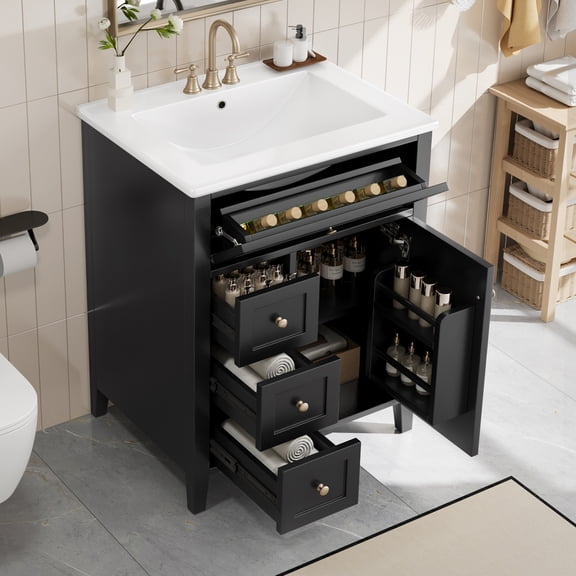 MODERNLUXE 24" Bathroom Vanity with Ceramic Sink,Modern Freestanding Bathroom Storage Cabinet with 4 Drawers,Adjustable Shelves & Door Organizer,Suitable for Small to Medium Bathroom,Black