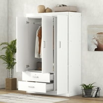 MODERNLUXE 3 Door Wardrobe Closet with 2 Drawers,Wooden Clothing Storage Cabinet with Hanging Rod and Shelves,Freestanding Armoire Closet for Bedroom, White