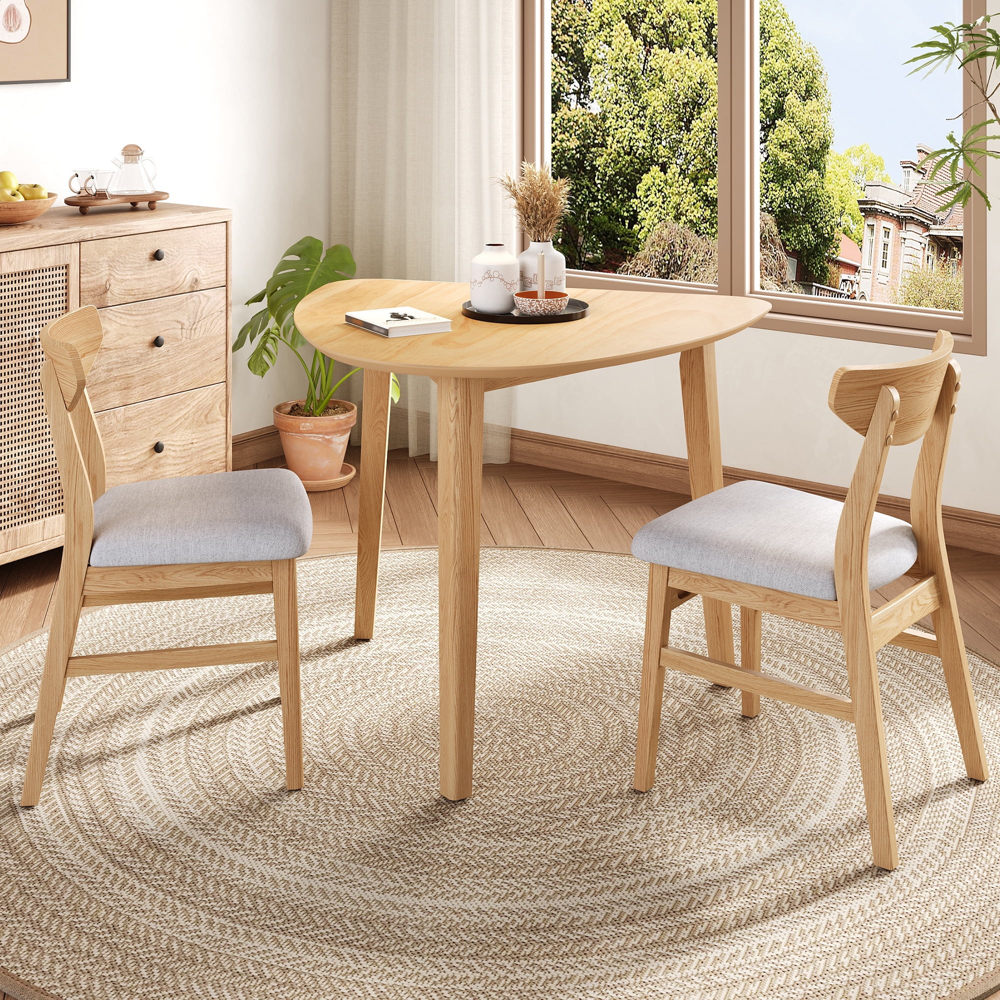 Euroco 3-Piece Dining Table Set for 2, Triangular Side Table with 2 Curved Chairs,Compact Kitchen Table Set for Kitchen Living Room,Small Space,Natural