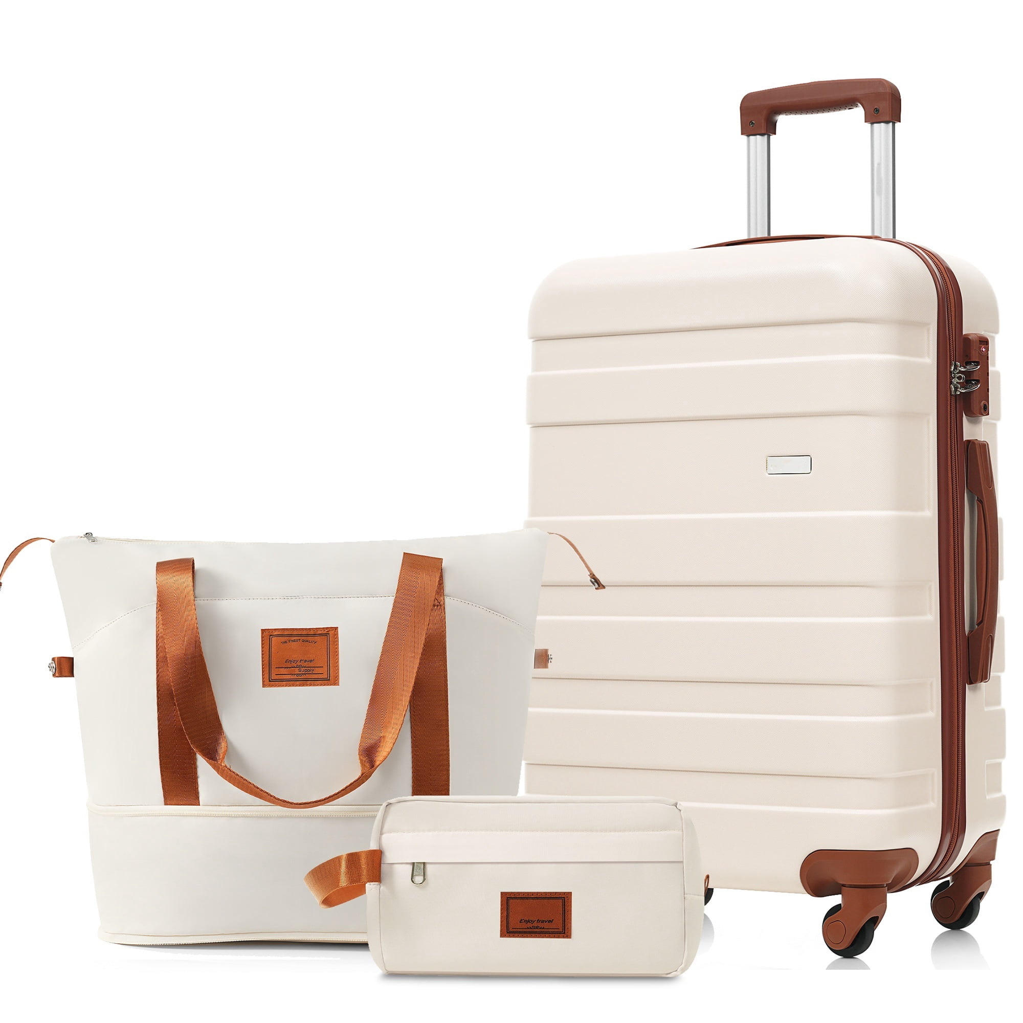 MODERNLUXE 3 Piece Luggage Sets, 24in Checked Suitcase with TSA Lock,Spinner Wheels & 2 Bags,ABS Lightweight Hardside Suitcase Set for Men Women,Ivory
