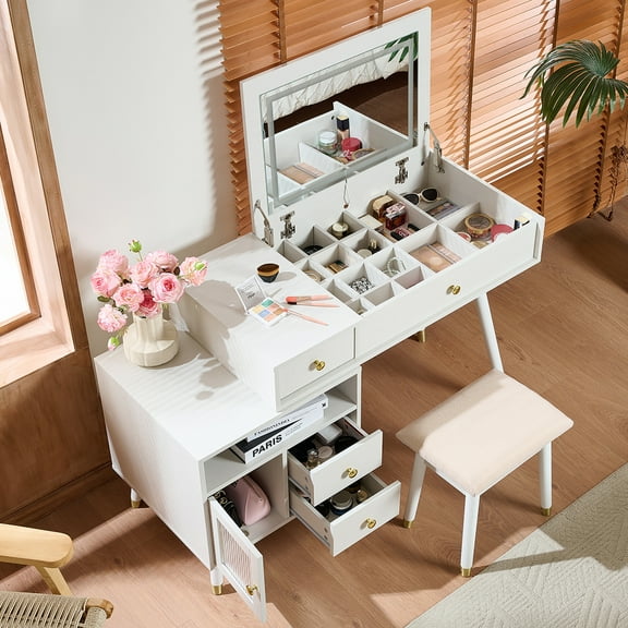 MODERNLUXE 3-in-1 Vanity Desk with Lighted Flip-Top Mirror, Makeup Dressing Table with Stool,Adjustable Cabinet,3 Drawers & Open Storage Compartment for Bedroom, White
