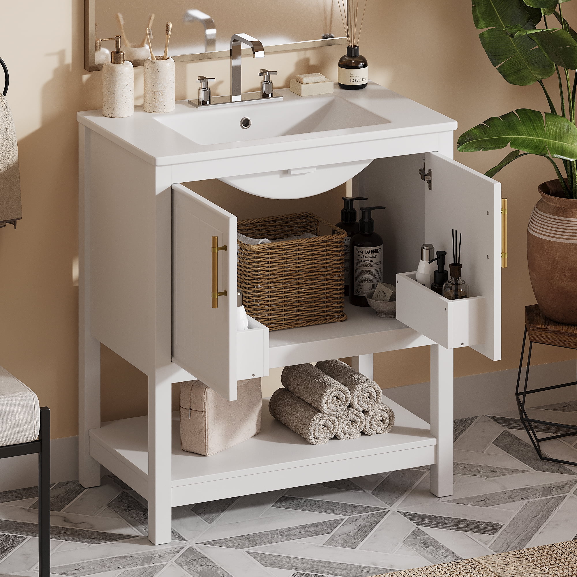 MODERNLUXE 30" Bathroom Vanity with Ceramic Sink, Freestanding Bathroom Sink Cabinet with Bottom Shelf and Versatile Storage,Ideal for Small Bathrooms,White