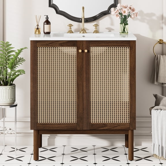 MODERNLUXE 30" Bathroom Vanity with Ceramic Sink, Freestanding Bathroom Storage Cabinet with Handwoven Bamboo Doors,Undermount Vanity Sink Cabinet for Small Space,Dark Walnut