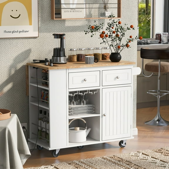 MODERNLUXE 35.8" Kitchen Island with Power Outlet,Rubber Wood Kitchen Storage Island with Drop Leaf,Open Storage, Wine Rack,5 Wheels and Adjustable Shelf for Home, Kitchen, and Dining Room,White