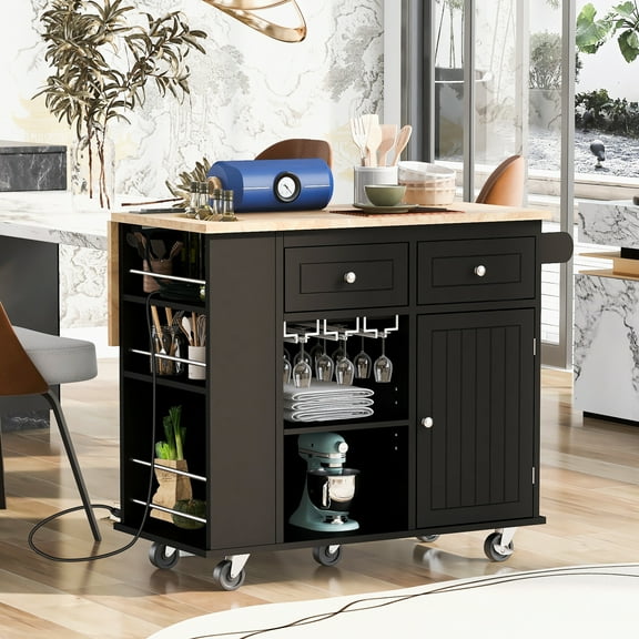 MODERNLUXE 35.8" Kitchen Island with Power Outlet,Rubber Wood Kitchen Storage Island with Drop Leaf,Open Storage, Wine Rack,5 Wheels and Adjustable Shelf for Home, Kitchen, and Dining Room,Black