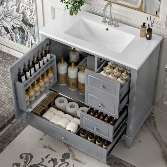 MODERNLUXE 36" Bathroom Vanity with Ceramic Sink,Modern Undermount Vanity Sink Cabinet with 3 Drawers & Door Organizer,Freestanding Vanity Storage Cabinet,Gray