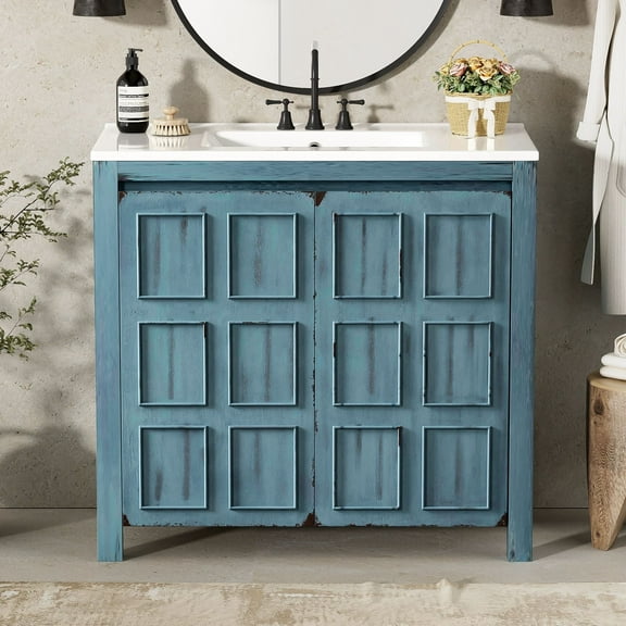 MODERNLUXE 36" Bathroom Vanity with Ceramic Sink,Wood Freestanding Cabinet with Storage for Bathroom,Retro Blue