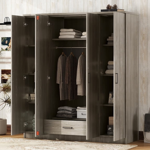 MODERNLUXE 4 Door Wardrobe Closet with 1 Drawer,Wooden Clothing Storage Cabinet with Hanging Rod and Shelves,Freestanding Armoire Closet for Bedroom,Gray