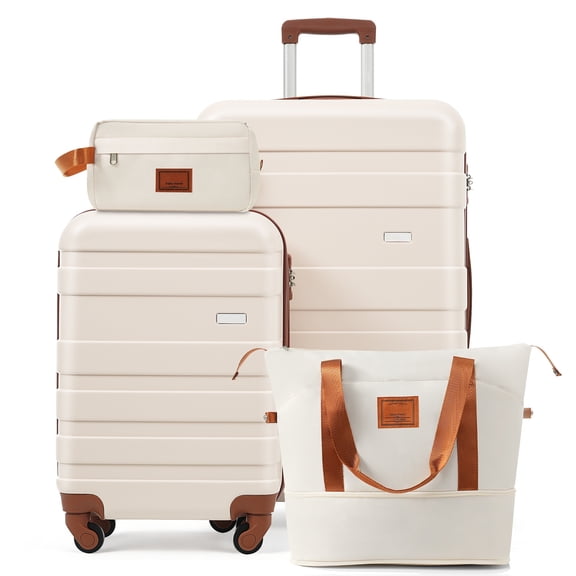 MODERNLUXE 4 Piece Luggage Sets, 28in Checked Suitcase with TSA Lock,Spinner Wheels,20in Carry-On Luggage with Duffel & Toiletry Bags,ABS Hardshell Suitcase Set for Family Travel,Ivory