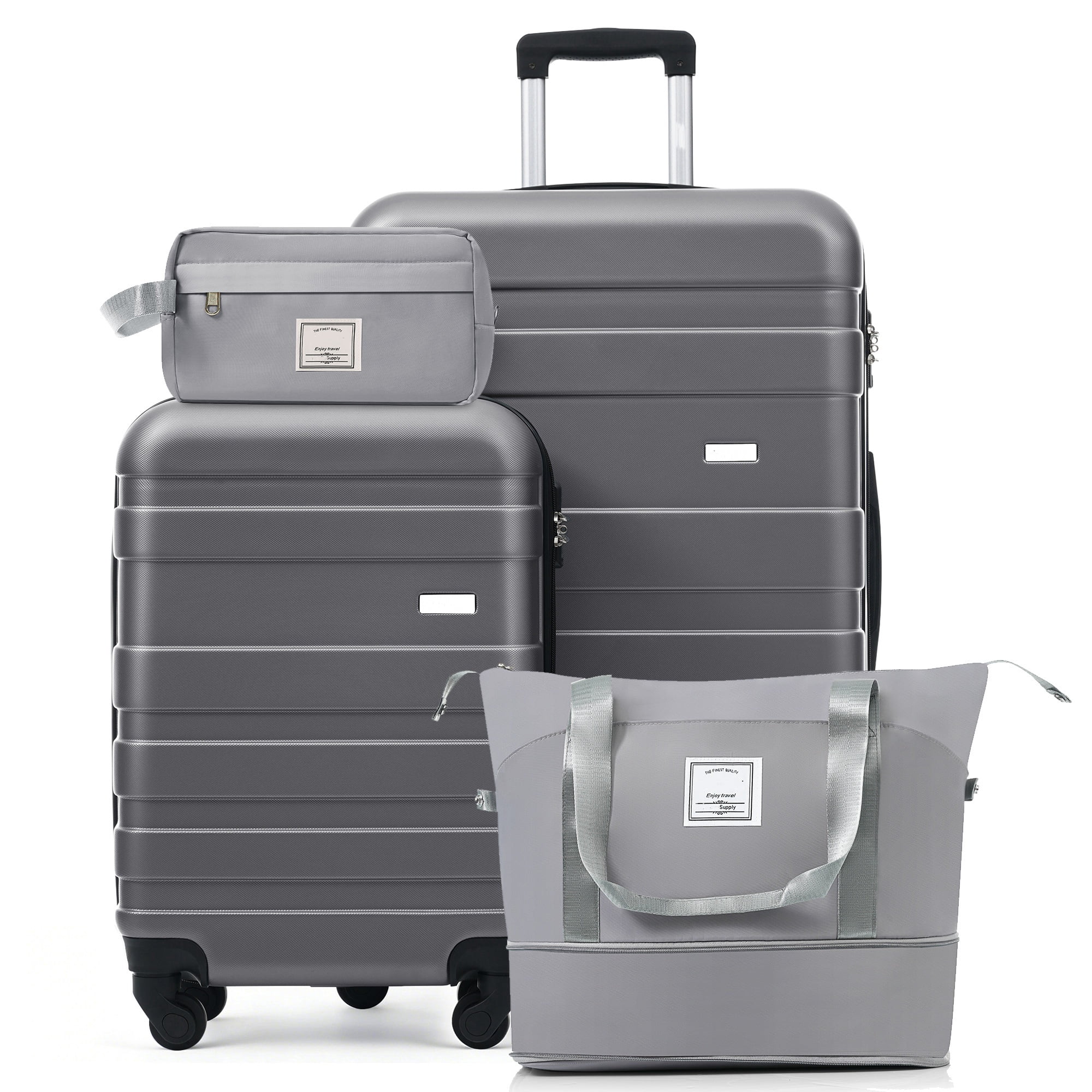 MODERNLUXE 4 Piece Luggage Sets, 28in Checked Suitcase with TSA Lock,Spinner Wheels,20in Carry-On Luggage with Duffel & Toiletry Bags,ABS Hardshell Suitcase Set for Family Travel,Grey