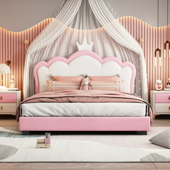 MODERNLUXE 400LBS Full size Bed Frame, PU Upholstered Platform Bed with Crown Headboard,Princess Wood Platform Bed, Heavy Duty Wood Slats,No Box Spring Require,Easy Assembly, Pink