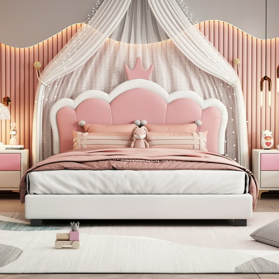 MODERNLUXE 400LBS Full size Bed Frame, PU Upholstered Platform Bed with Crown Headboard,Princess Wood Platform Bed, Heavy Duty Wood Slats,No Box Spring Require,Easy Assembly, White