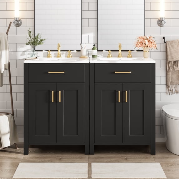 MODERNLUXE 48" Bathroom Vanity with Double Sink,Bathroom Storage Cabinet Set with Soft-Close Doors, Flip Drawers and Double-Layer Door Shelves(Mirror not Included),Black
