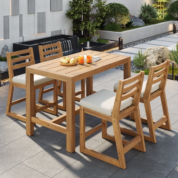 MODERNLUXE 5-Piece Outdoor Patio Bar Set, Acacia Wood Patio Counter Height Dining Set with 4 Ergonomic Chairs and Slatted Top Table, All Weather Bar Furniture for Poolside, Balcony, Backyard, Porch