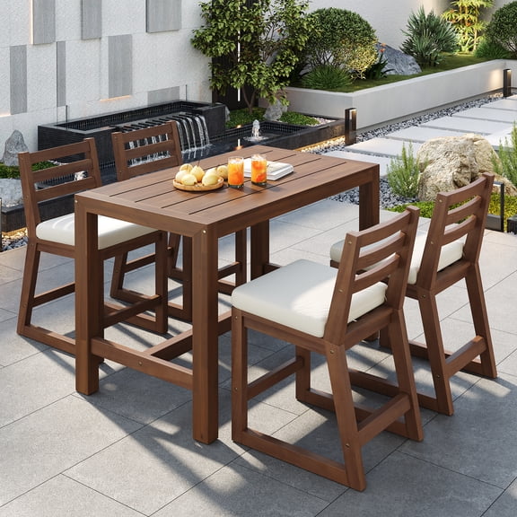 MODERNLUXE 5-Piece Outdoor Patio Bar Set, Acacia Wood Patio Counter Height Dining Set with 4 Ergonomic Chairs and Slatted Top Table, All Weather Bar Furniture for Poolside, Balcony, Backyard, Porch