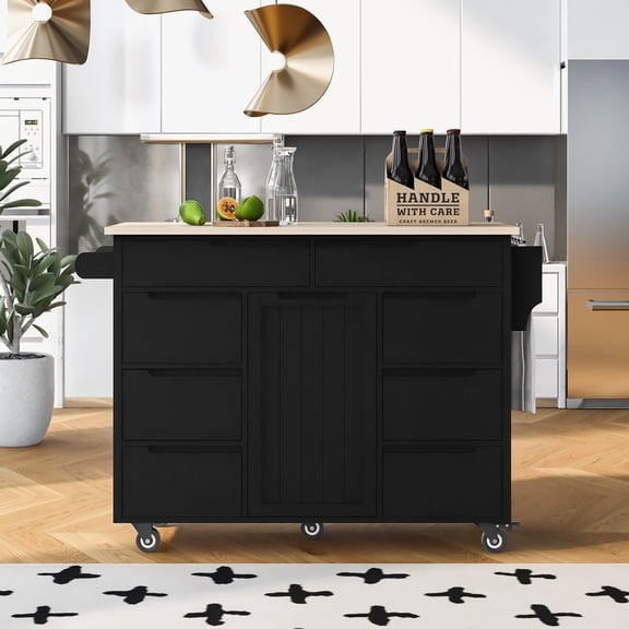 MODERNLUXE 53.1" Kitchen Cart with Rubber Wood Countertop,Kitchen island with 8 Handle-Free Drawers,1 Flatware Organizer and 5 Wheels for Kitchen Dinning Room, White