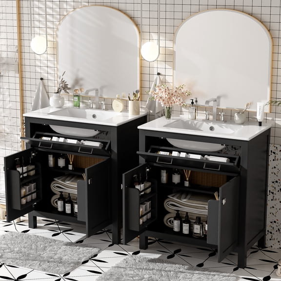 MODERNLUXE 60" Bathroom Vanity Set with Double Sink,Freestanding Bathroom Vanity Sink Combo with Soft Close Doors & Drawer,Wood Storage Cabinet,Black