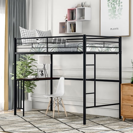 MODERNLUXE 65" High Twin Loft Bed,Metal Loft Bed Frame with Guardrails, Ladder and a Desk,Twin Size Bed Frame for Girls, Boys,Space-Saving,No Box Spring Needed,Black