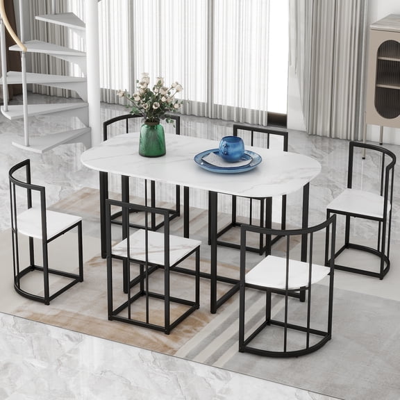 Euroco 7-Piece Dining Table Set for 6, 53.5" Faux Marble Kitchen Table Set with 6 Chairs for Saving Space,Dining Furniture Set for Kitchen Dining Room,Black+White