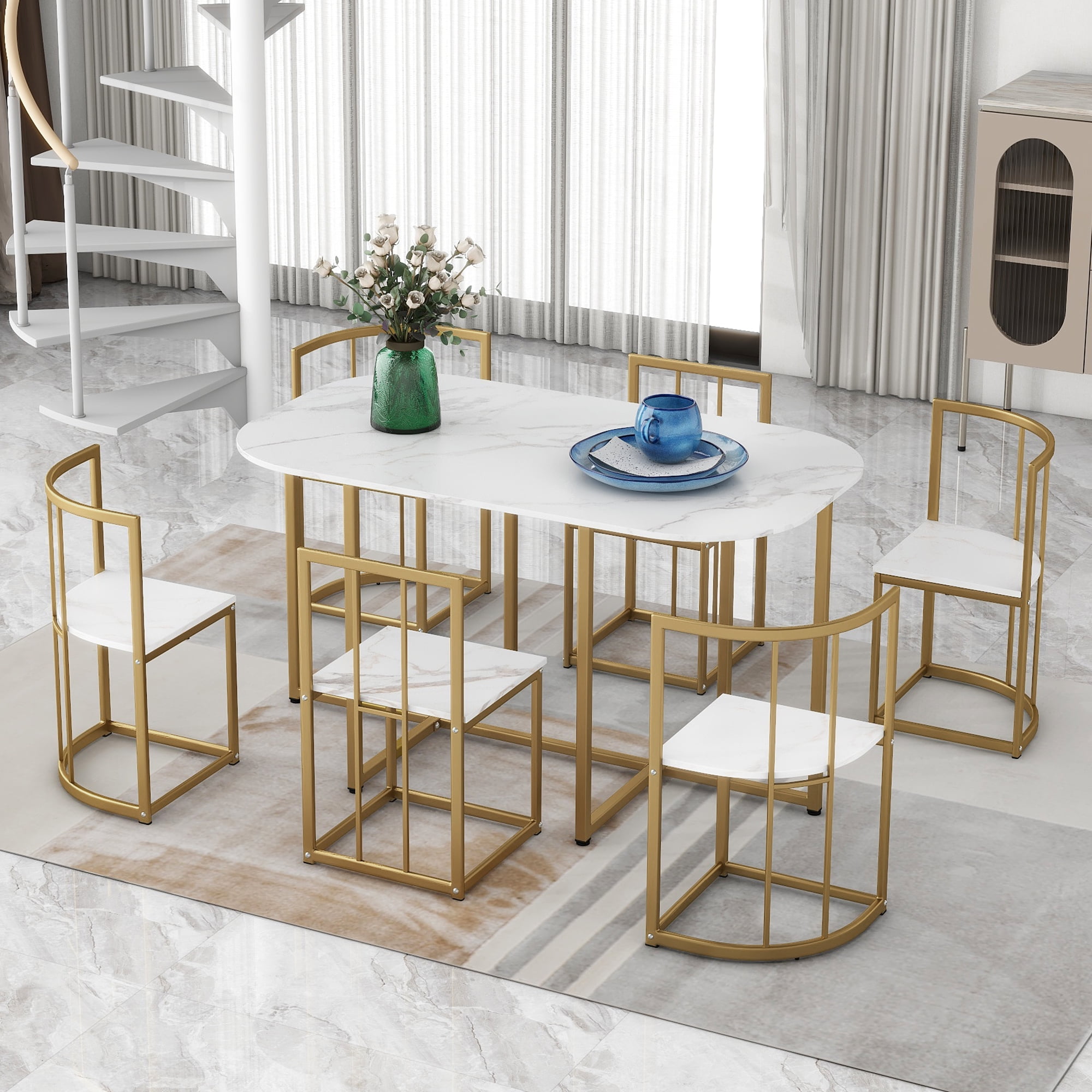 Euroco 7-Piece Dining Table Set for 6, 53.5" Faux Marble Kitchen Table Set with 6 Chairs for Saving Space,Dining Furniture Set for Kitchen Dining Room,Golden+White