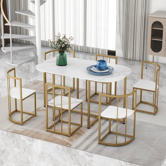 Euroco 7-Piece Dining Table Set for 6, 53.5" Faux Marble Kitchen Table Set with 6 Chairs for Saving Space,Dining Furniture Set for Kitchen Dining Room,Golden White
