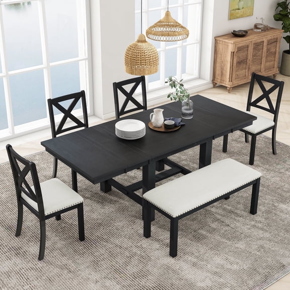 MODERNLUXE 82"Farmhouse 6PCS Dining Table Sets for 6,Solid Wood Dining Table Set with Extendable Table with Footrest and Two 11"Removable Leaf,4 Upholstered Chairs and Longer Upholstered Bench,Black