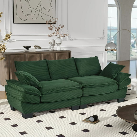 MODERNLUXE 85.4" 2-Seat Modern Curved Sofa,Upholstered Sofa Couch with 4 Pillows and Sturdy Solid Wood Frame,Corduroy Fabric Couch for Living Room Bedroom Apartment,Dark Green