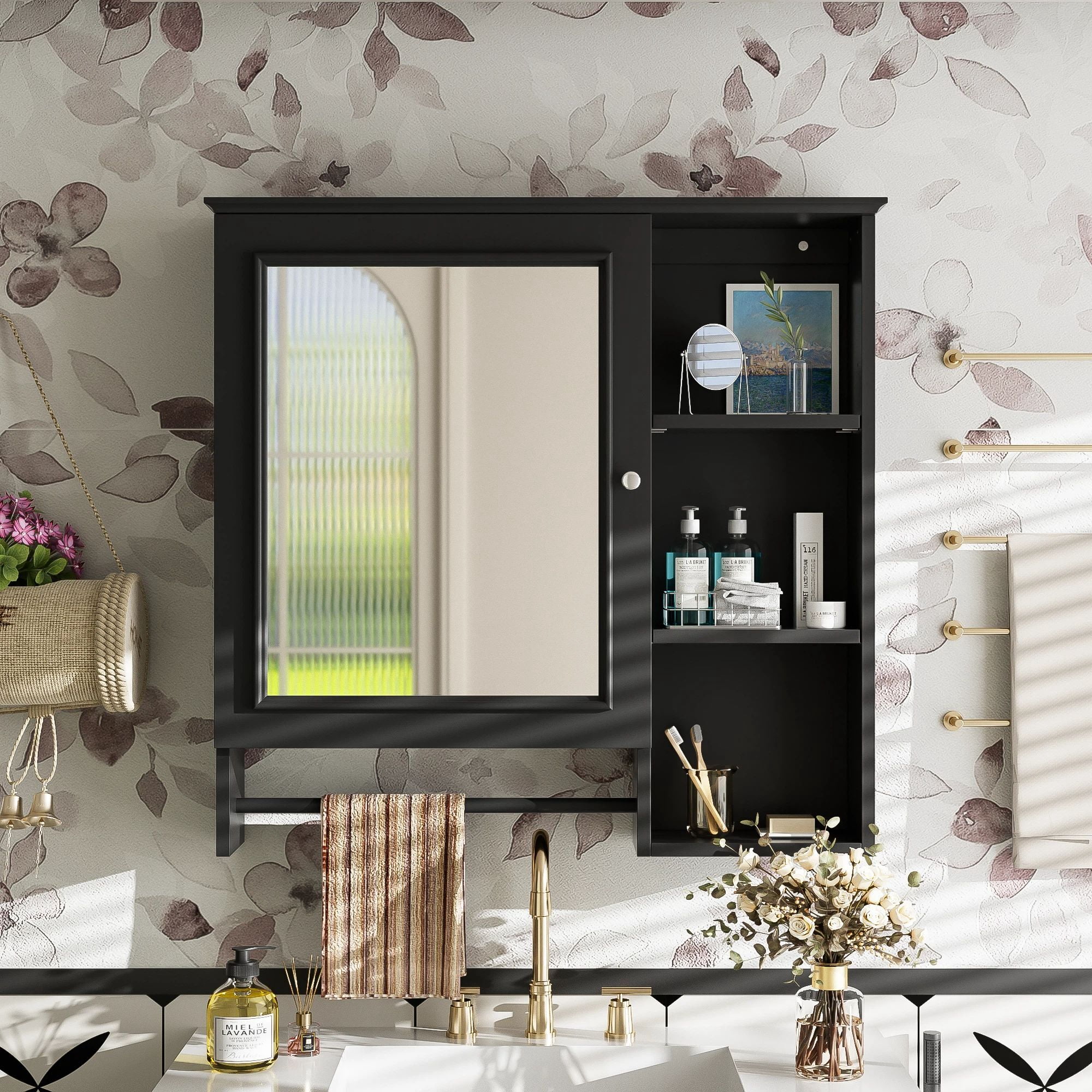 MODERNLUXE Bathroom Wall Storage Cabinet,Wooden Medicine Cabinet with Large Mirror,Adjustable Shelves & 3 Open Storage Levels,Over Toilet Storage Cabinet Organizer with Towel Bar for Bathroom,Black